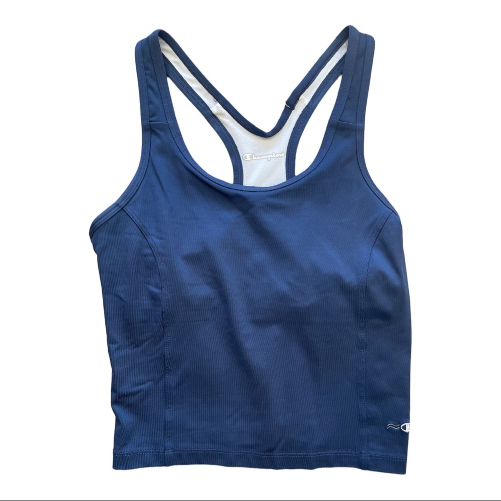 Champion Women’s Vintage Athletic Tank Top Navy Blue Built In Bra Size Medium